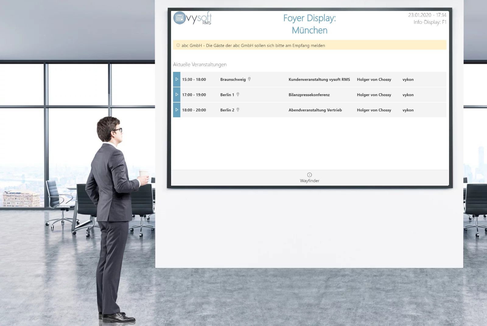 Infoscreen, écran d’accueil de vysoft intégré dans le système de réservation de salles